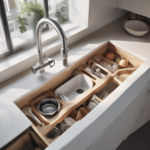 Under sink organizer installed neatly around kitchen sink pipes