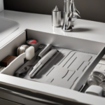 Under sink organizer loaded with bottles and cleaning supplies in a bathroom cabinet
