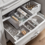 A fully organized under-sink cabinet in a modern bathroom using a multi-tier organizer