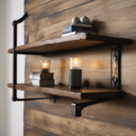 Floating shelves in use in a bathroom, organized with towels and decorative items