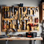 A fully organized garage wall with a steel pegboard system holding heavy power tools