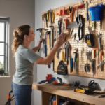 Close-up of chrome-plated pegboard hooks securely holding various workshop tools
