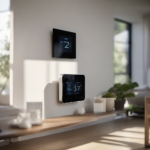 A modern smart thermostat with a sleek digital display mounted on a wall